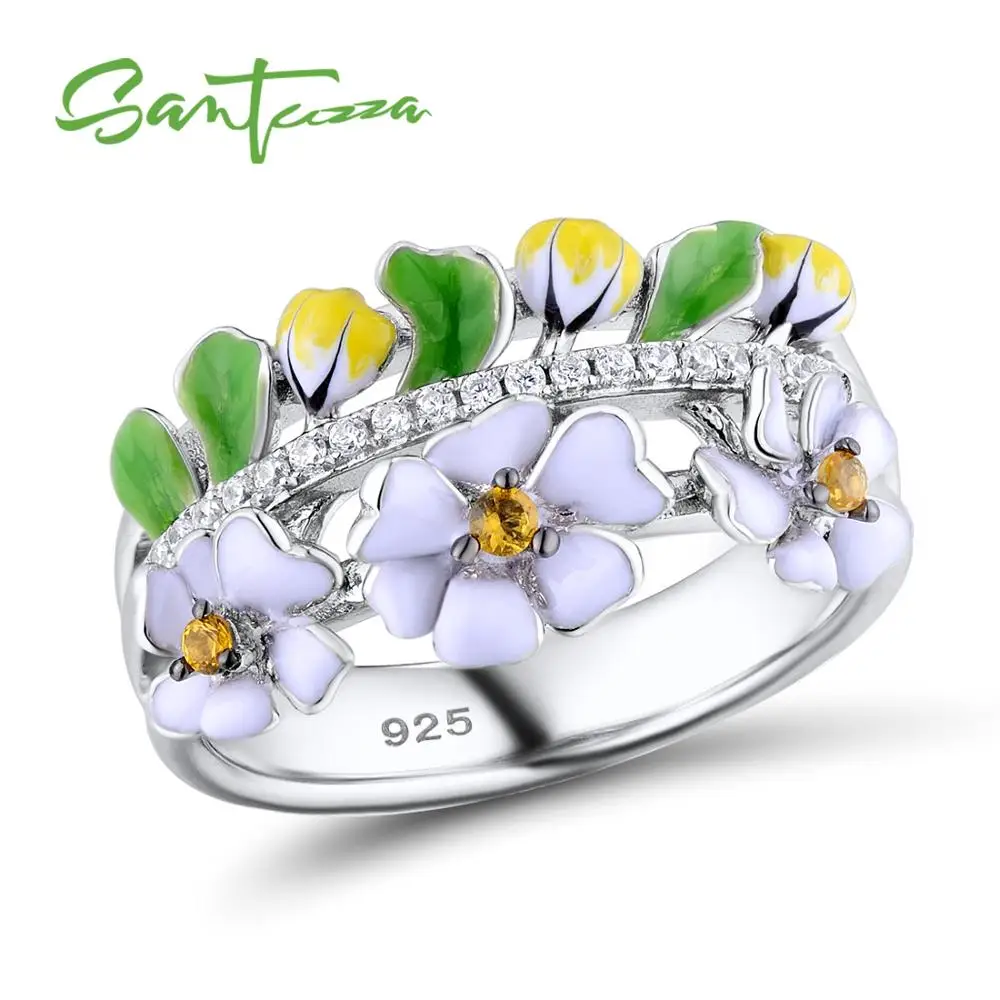 SANTUZZA серебряное кольцо для женщин, 925 пробы, серебряное, винтажное, Зеленый лист, белый цветок, вечерние ювелирные изделия, ручная работа, эмаль
