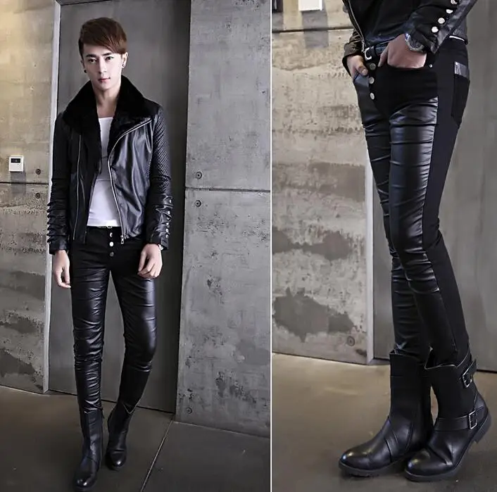 Splice personality fashion pu pants men leather trousers pantalones hombre cargo feet for pantalon homme black autumn | Мужская одежда
