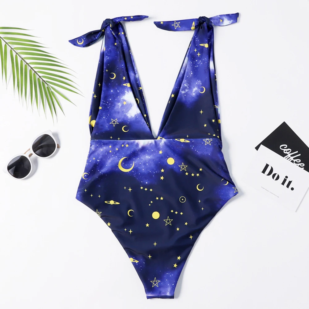Floylyn Women Swimsuit Sexy One Piece Starry Sky Print Double Linings Bodysuit Swimwear Push Up Bathing Suit | Спорт и развлечения