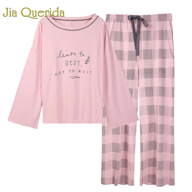 J& Q Модные женские Пижамы Новая Модная хлопковая Домашняя одежда розовый топ с принтом свободный низ хлопок брендовый пижамный комплект