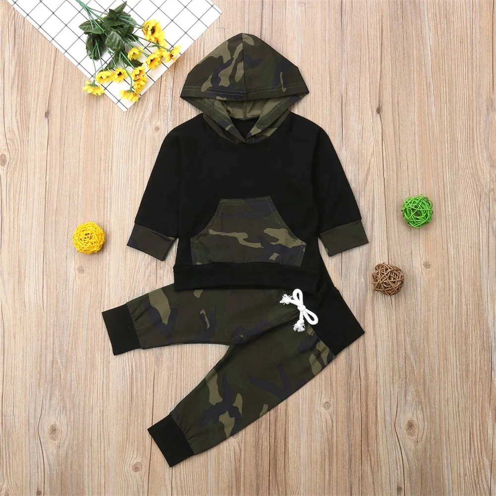 2 шт. Hooded Camo Комплекты одежды для новорожденных девочек Толстовка для мальчиков топы, штаны Демисезонный верхняя одежда Комплект 0-24 м