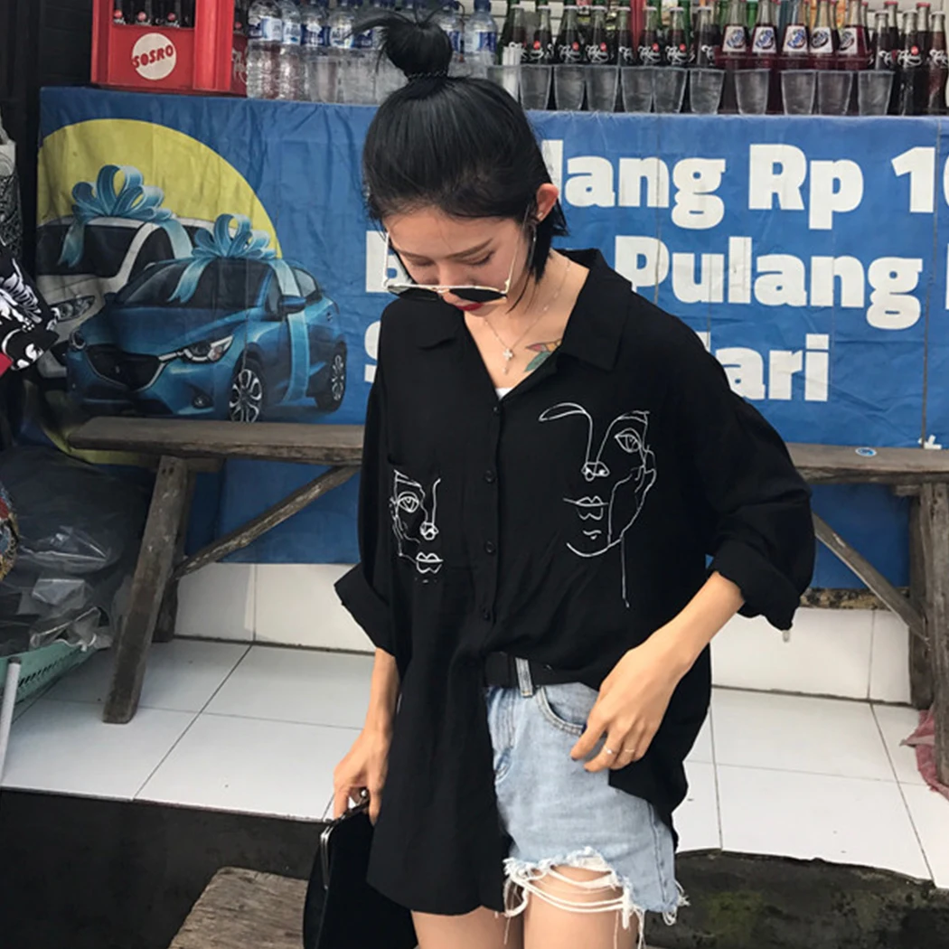 Летние женские блузки Harajuku рубашки с забавным принтом лица длинным рукавом