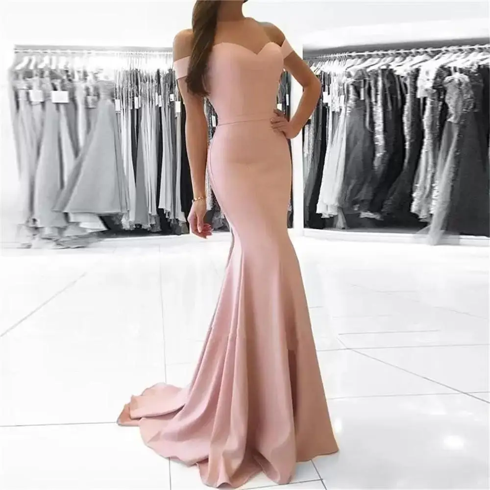 

Blush Pink Mermaid Evening Dresses 2019 Off The Shoulder Long Prom Gowns Simple Women Wedding Party Dresses Robe De Soiree