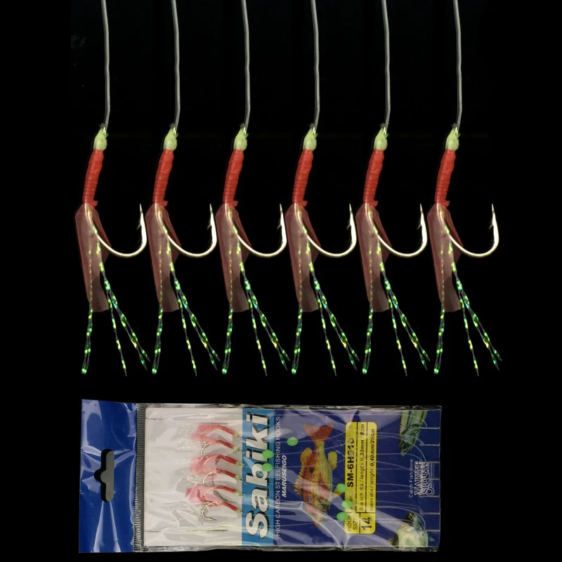 Bimoo 6pcs/set Simulated Fish Skin String Hooks Sabiki Rig for Sea Luminous Soft Shrimp Fishing Hook Lure Bait Tackle Accessory