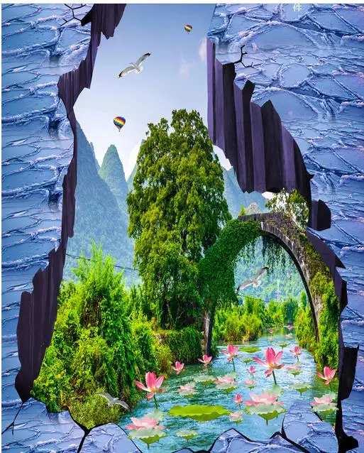 3D Flooring Flying bird stream lotus Wallpaper For Walls 3 D Living room Bathroom Floor Tiles PVC Waterproof | Обустройство дома