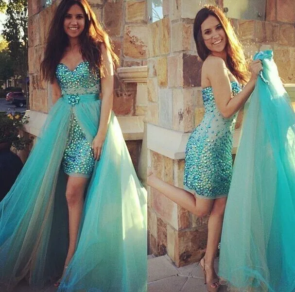 

Sexy Sweetheart Turquoise Short Prom Dresses with Detachable Train 2019 Beaded Crystals High Low Mint Green Party Gown 2 In 2019