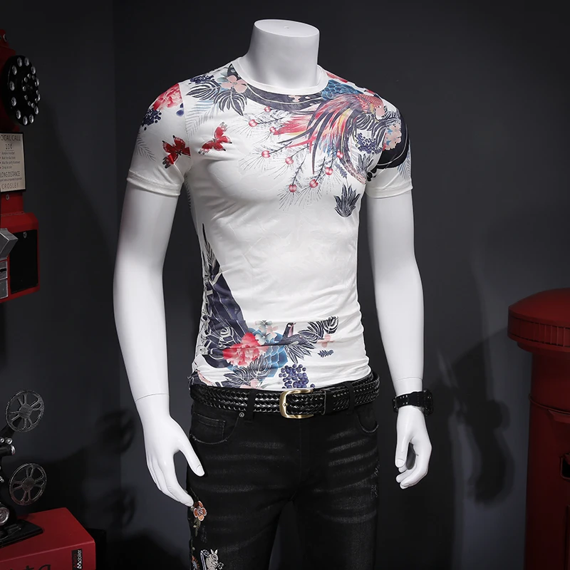 Летом года удобные tencel иконы выдалбливают дышащий печать с коротким рукавом мужская футболка C5614-P45