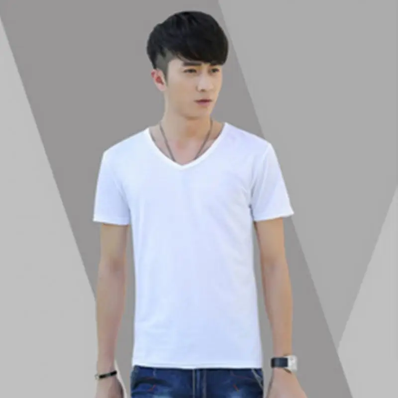 White V Neck Модная однотонная тонкая стильная футболка с коротким рукавом, простая удобная мужская футболка на лето, весну и осень - Цвет: White V Neck