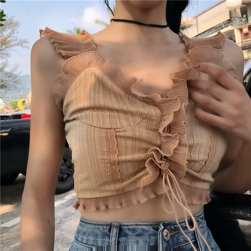 Chic Sling Crinkle Chiffon Tank Tops Lace Drawstring Camis Sexy Thin High Waist Pleated Vest Short Sleeveless shirts 2018 | Женская