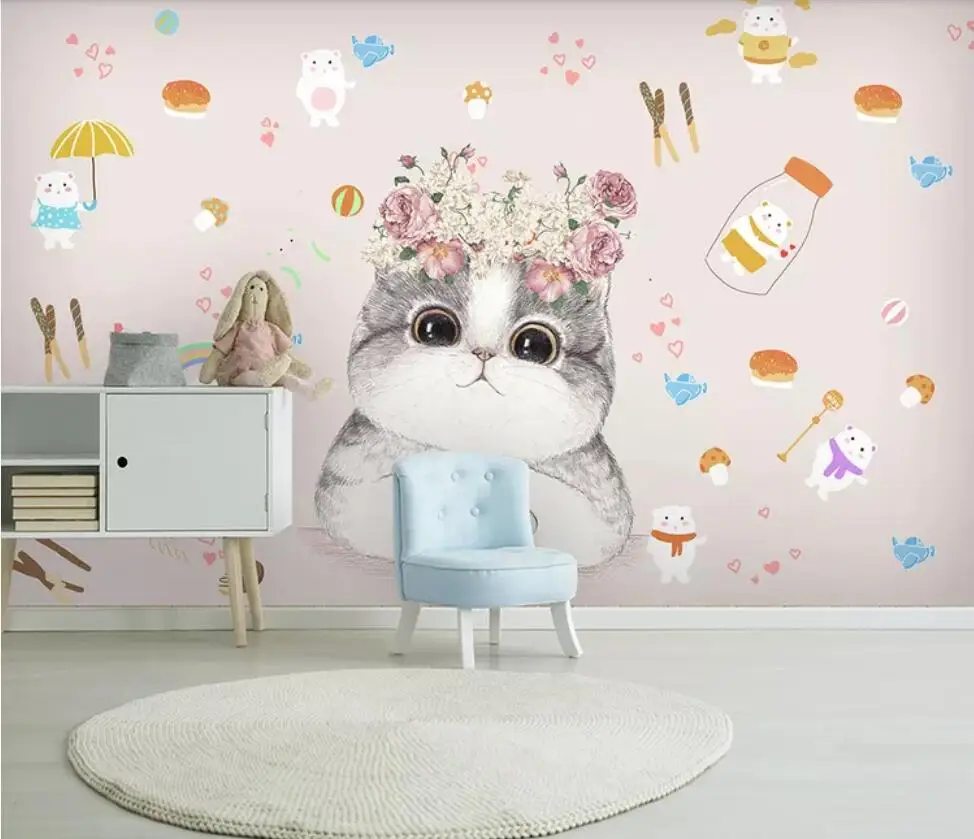 

Nordic modern contracted cartoon kitten flowers children room background wall decoration wallpaper mural