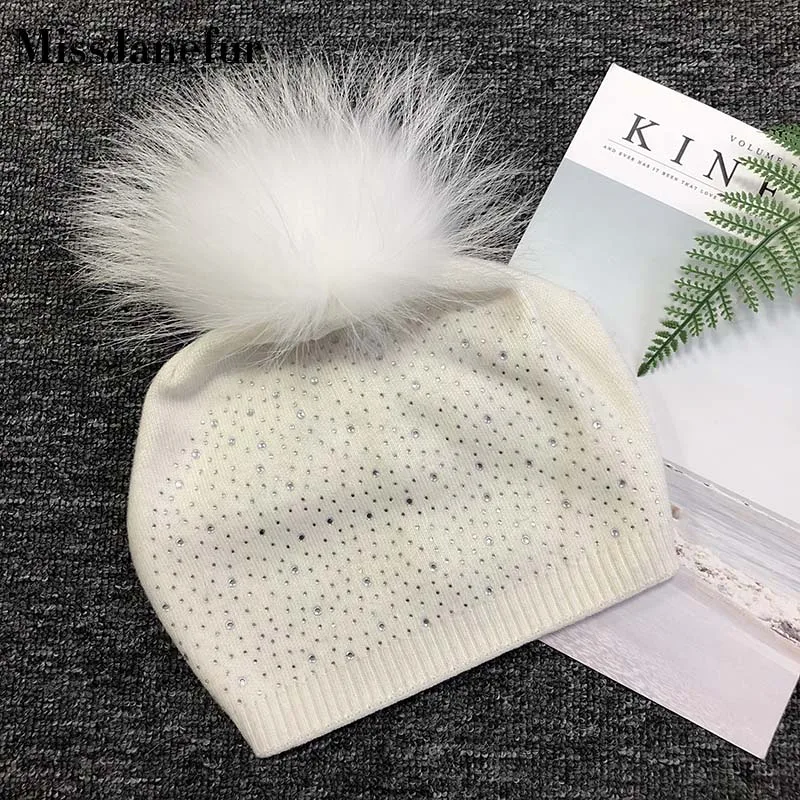 Зимняя модная меховая шапка с помпонами и Шапка-бини блестящими бриллиантами
