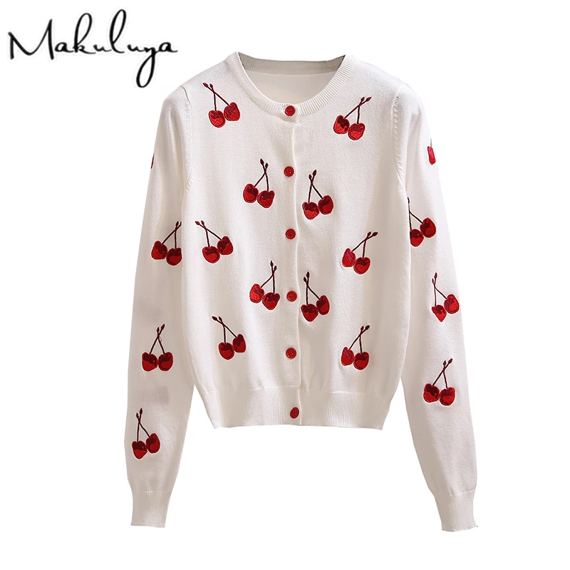 Makuluya осенний весенний женский свитер куртка с вышивкой вишни пальто длинным