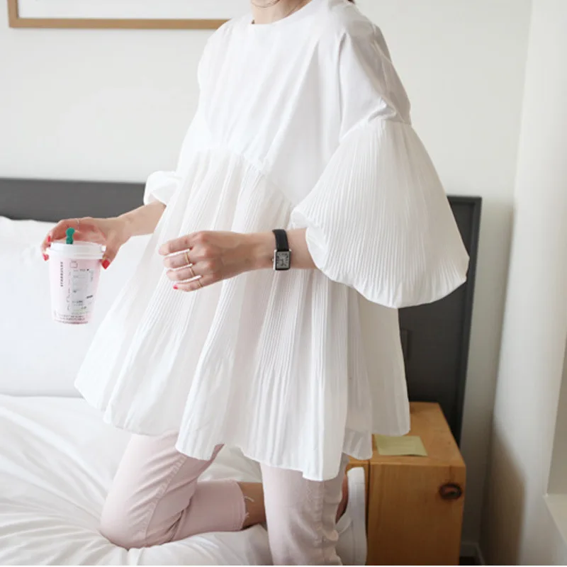 2017 new autumn collection three quarter puff sleeve crimp bouffancy shirt top blouse o-neck solid blue loose wide fit |