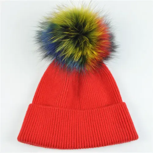 Red colorful fur Новинка, шерстяные весенние меховые шапки для женщин, большой мех серебристой лисы, помпоны, шапочка, женская теплая Повседневная вязаная шапка Vogue - Цвет: Red colorful fur