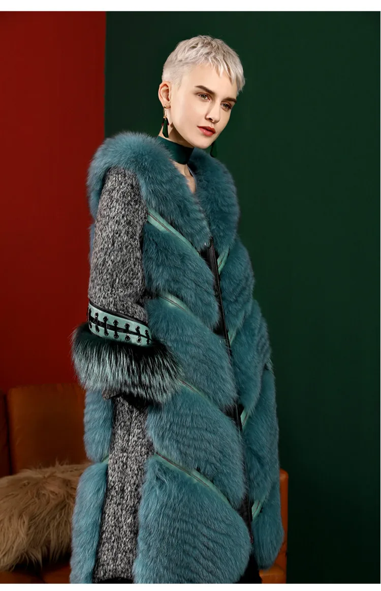 Пальто из натурального меха для женщин, зимнее пальто из голубого лисьего меха, с подковым рукавом, длинное меховое пальто из овечьей кожи с воротником из лисьего меха