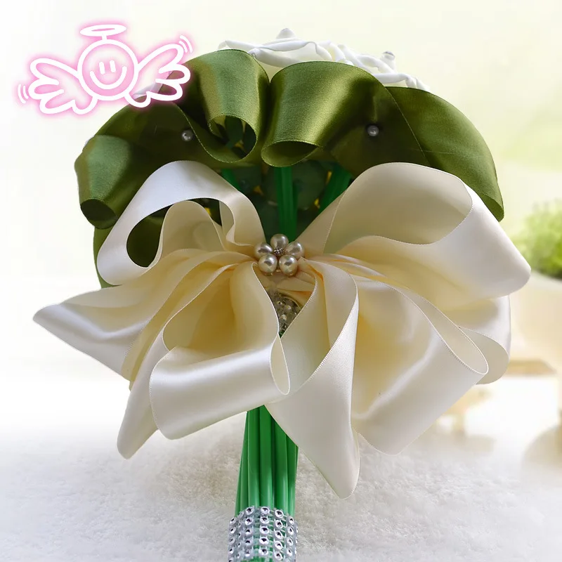D&ampN Bridal Bouquet 2019 Round Anti-Diamond Cream Rose Ribbon Bow Artificial Simulation Wedding Burgundy Ramos De | Свадьбы и