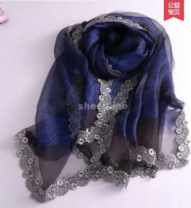 A8 blue 22 цвета высокого качества, блестящие двухслойный шелк органза длинный шарф осень зима теплая обертка этнические пашмины с кружевной окантовкой - Цвет: A8 blue
