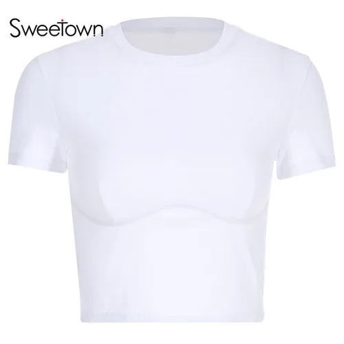 short sleeve Sweetown Осенняя белая однотонная Базовая укороченная Футболка женская футболка с круглым вырезом зимняя повседневная укороченная футболка новые модные топы - Цвет: short sleeve