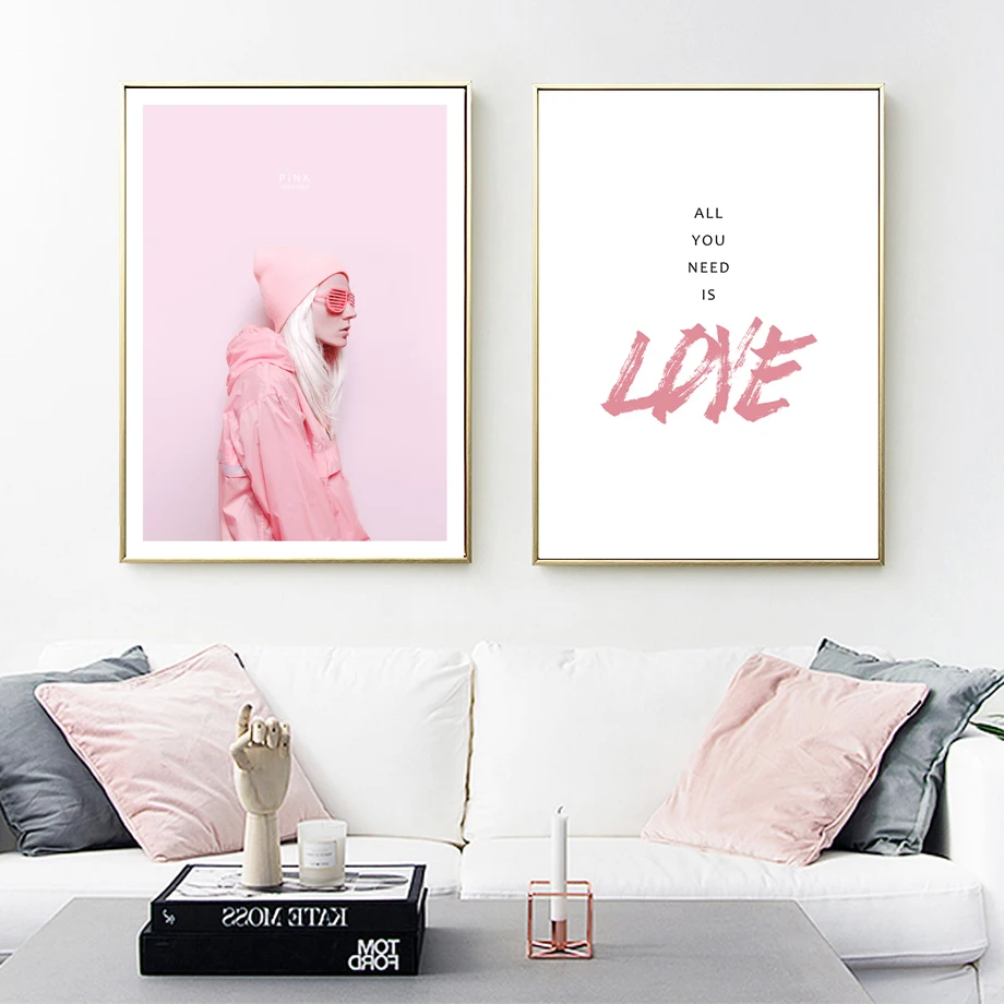 

Vogue Pink Girl Feather Flower Love Wall Art Canvas Painting Nordic Posters And Prints Wall Pictures For Living Room Home Decor