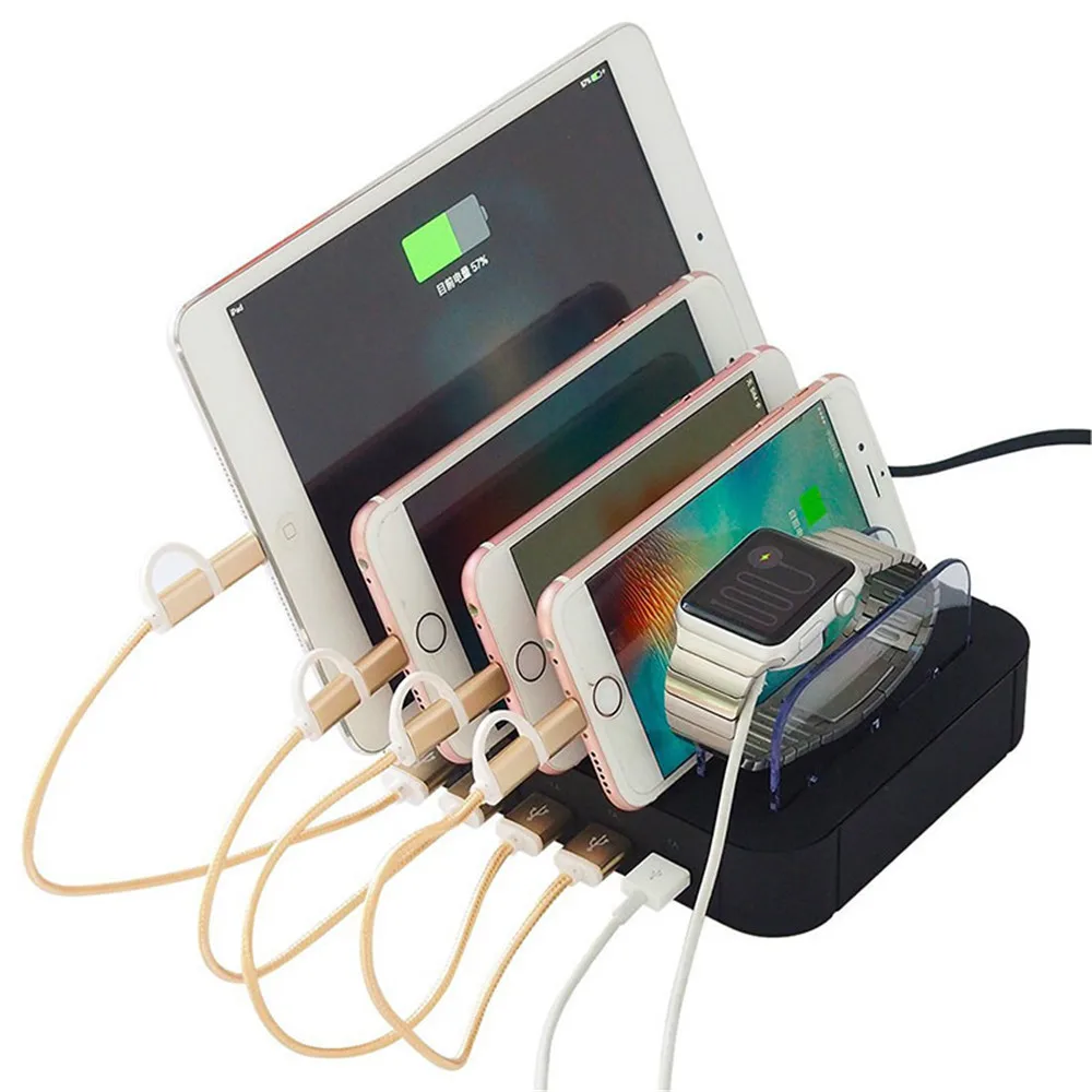 Многофункциональный 5 портов USB hub-разветвитель Настольный Органайзер держатель 5 в 2.4A 1A Быстрая зарядка база подставка US Plug черный