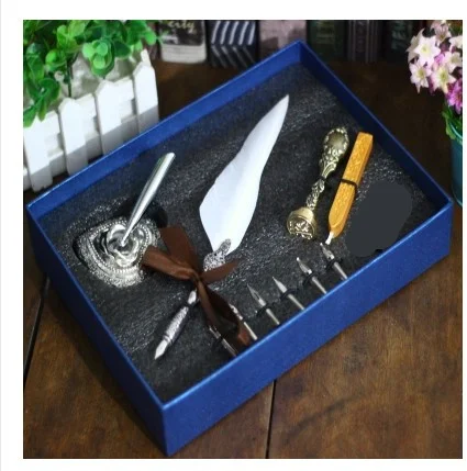 white goose feather Подарочная коробка винтажный металлический изогнутый натуральный набор перьевых ручек с 5 nibs, подставка для ручек, штамп, вощеная ручка для подписи в подарок - Цвет: white goose feather