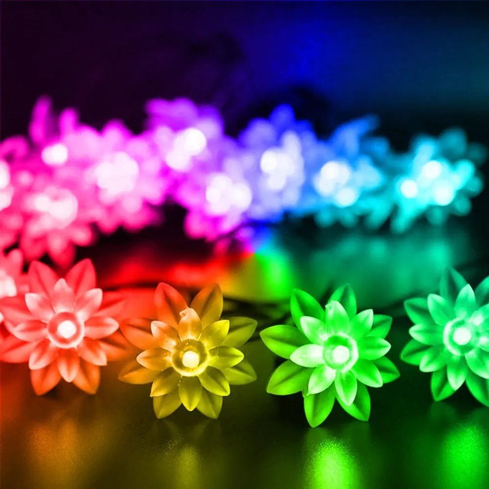 Multi-color Деревянный двойной цветок лотоса солнечный светильник ing String 20-50LED водонепроницаемый Сказочный светильник для наружного украшения Рождественская вечеринка Свадьба - Испускаемый цвет: Multi-color