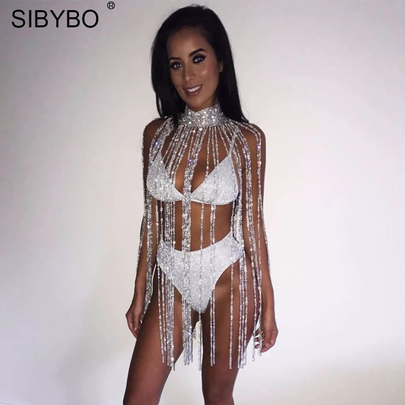 Sibybo, стразы, кисточки, плащ, сексуальные топы для женщин, с высоким горлом, кристалл, алмаз, длинные женские топы, для ночного клуба, вечерние, безрукавка для женщин