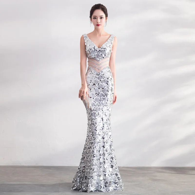 JaneVini Sparkly розовое золото блестками Длинные пикантные платья подружек невесты с глубоким v-образным вырезом спинки Русалка Пол Длина вечерние платья