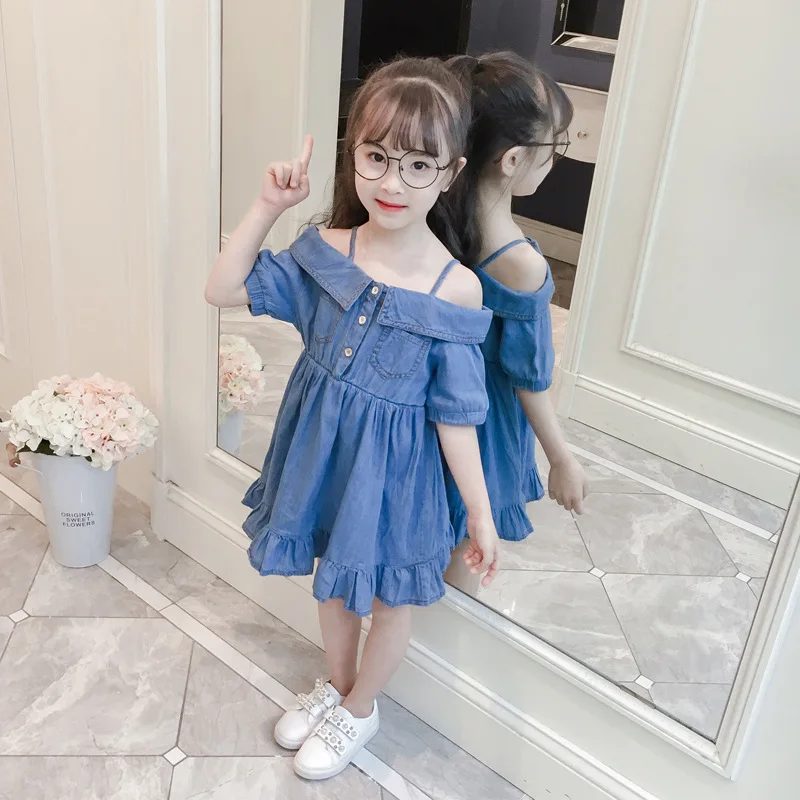 Платье на бретелях для девочек лето 2018 джинсовое платье принцессы маленьких