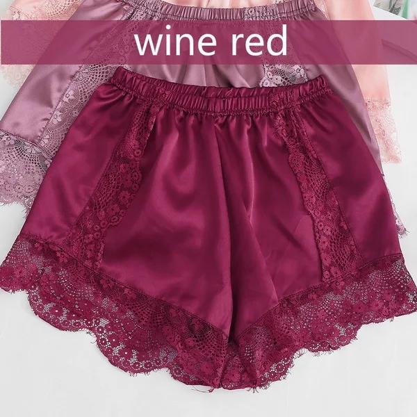 Wine red Кружевные женские шорты из искусственного шелка, трусы с эластичной талией, хлопковые дышащие женские шорты - Цвет: Wine red