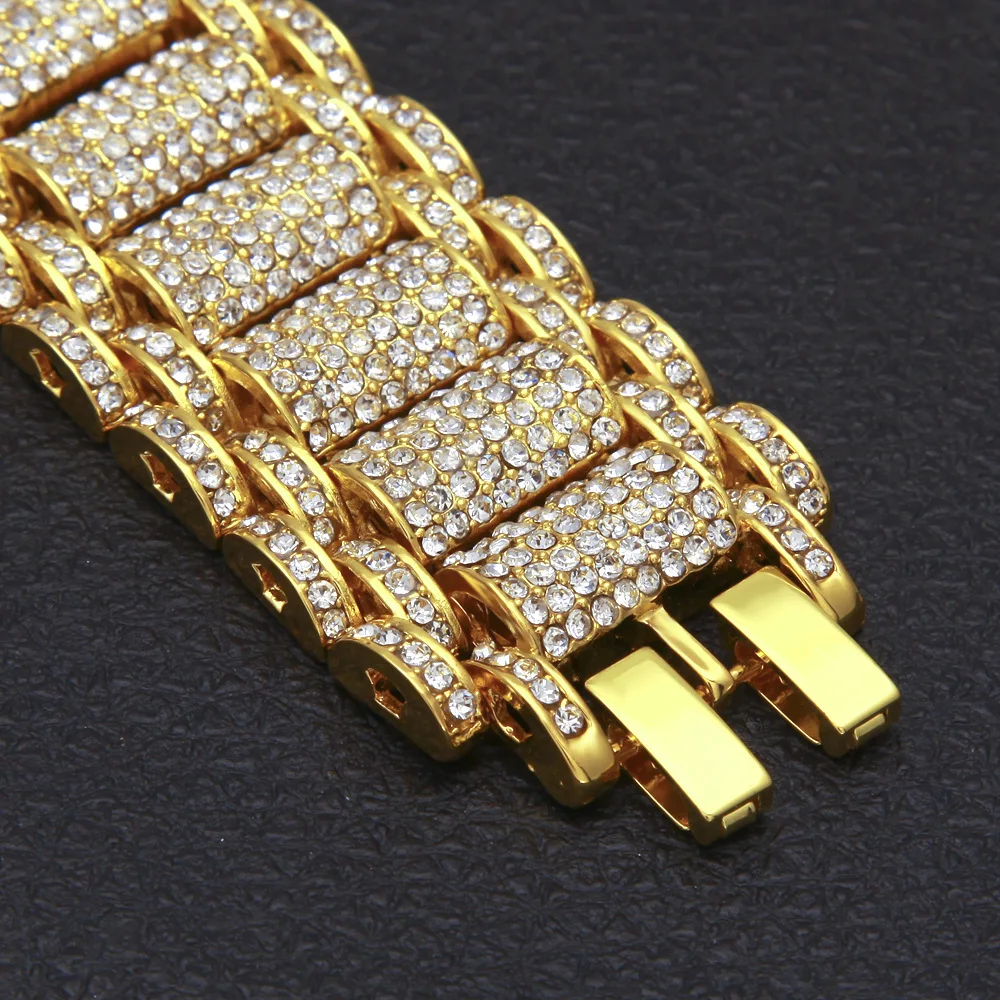 Хип хоп Полный Стразы Bling Iced Out Rapper Браслет Золотой Серебряный часы группа звено цепи браслеты для мужчин ювелирные изделия