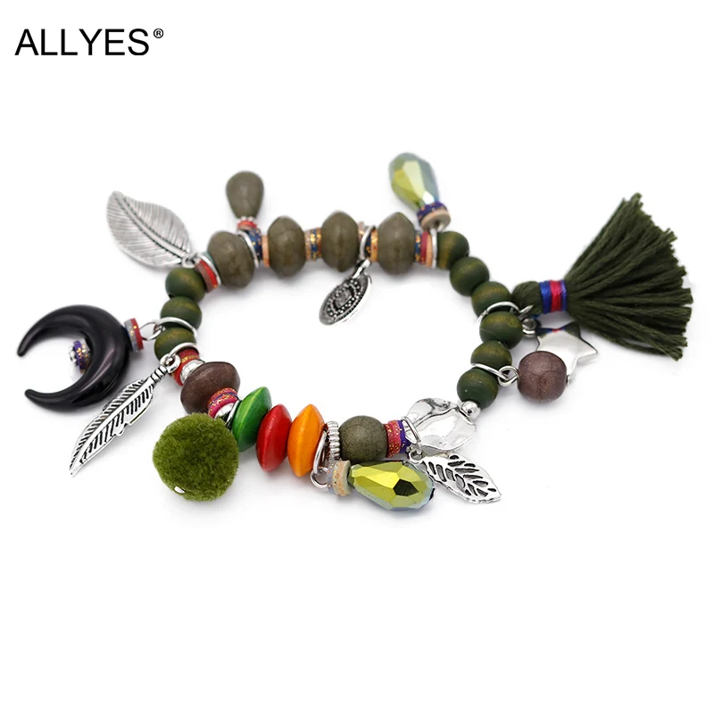 ALLYES Green Wooden Beads Bracelets for Women Jewelry Bohemian Vintage Wool Ball Alloy Leaves Charms Bracelet Femme | Украшения и