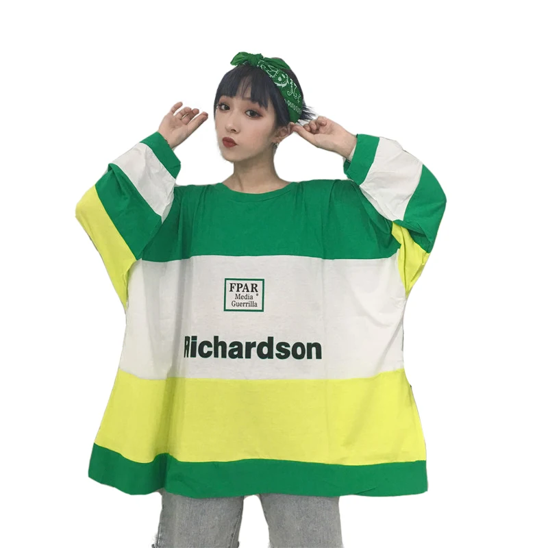 Camisetas Mujer Осенняя одежда в Корейском стиле Ulzzang Harajuku Лоскутная футболка с длинными