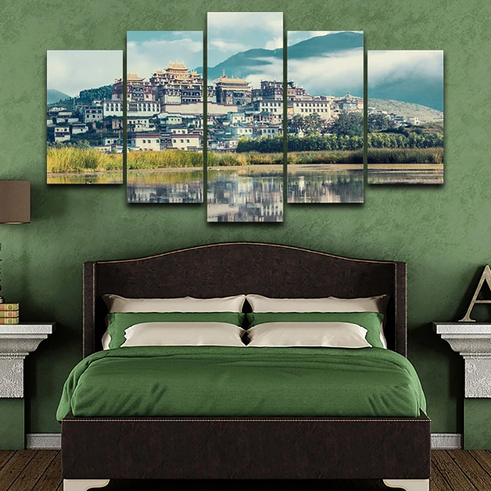 

Home Decoration Poster Frame Living Room 5 Panel Monastery Mist Scenery Modern Painting On Canvas Wall Art Pictures HD Printed