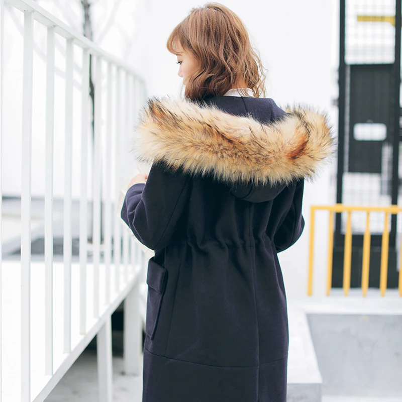 

Fashion Autumn Winter Zipper Pocket Woolen Coat Women Slim Classic Fur Hooded Solid Long Sleeve Warm Overcoat Female