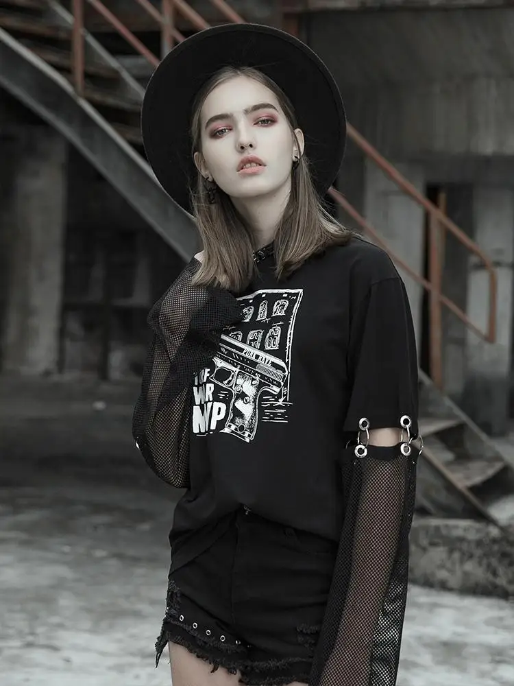 Женская футболка с принтом Goth черная свободная отсоединяемыми рукавами