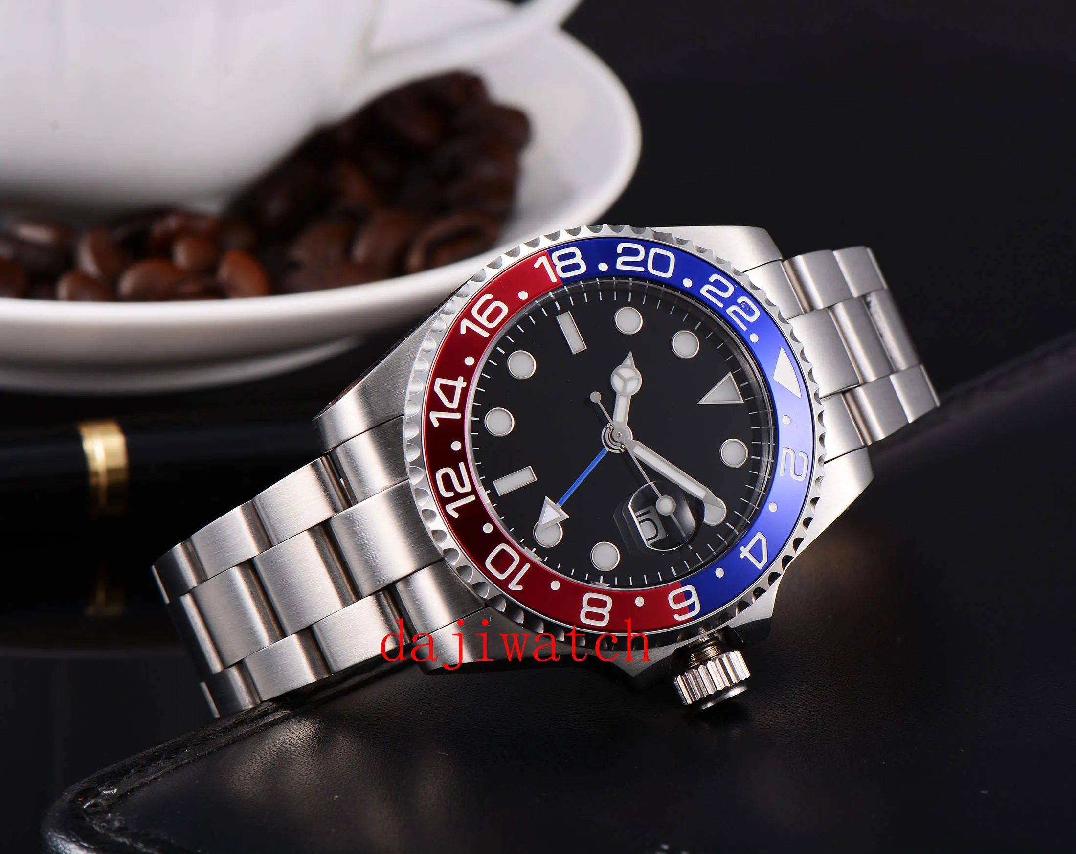 40 мм механические часы черный красный керамическая рама стерильный циферблат