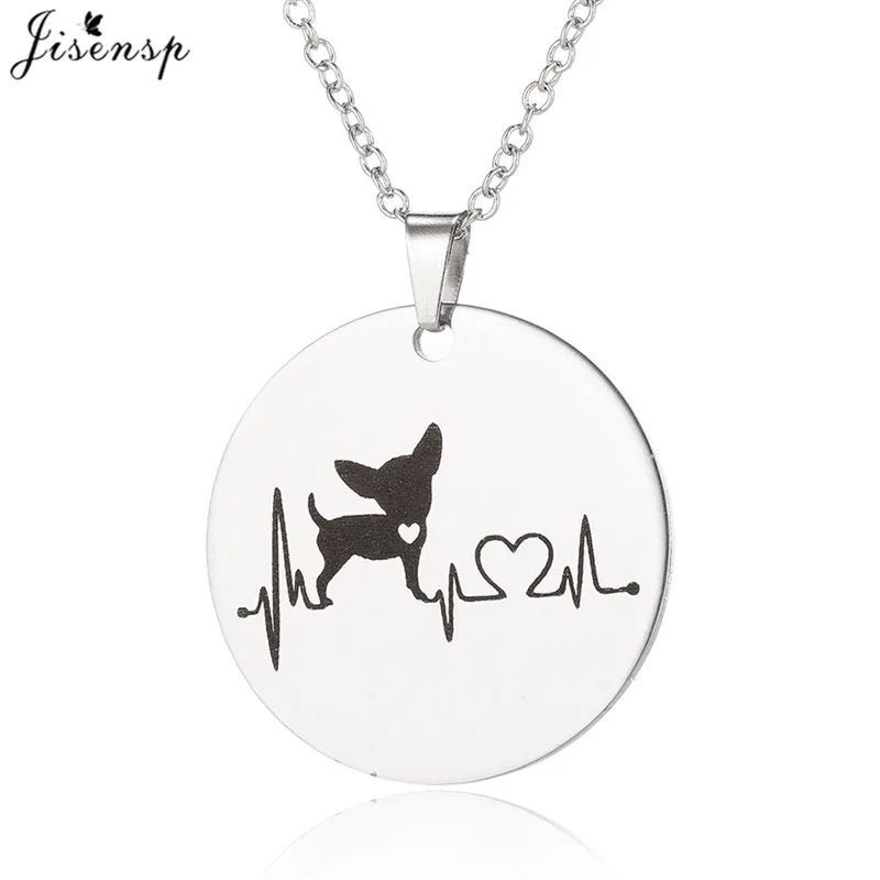 Jisensp Stainless Steel Chihuahua Dog Pendant Necklace for Girls Fashion Jewelry Heartbeat Necklaces Women Charm Choker | Украшения и