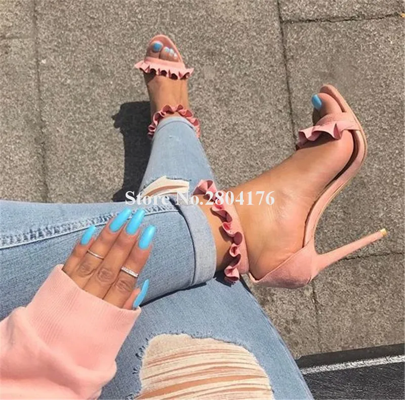 Сандалии женские замшевые с открытым носком модные босоножки оборками на тонком