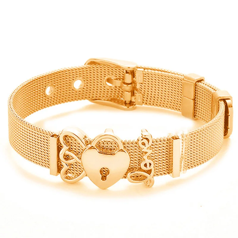 Fashion Stainless Steel Woman Men Bracelet Mesh Bracelet Set Crystal Heart Anchor Charm Fine Bracelet Bangle for Female Lover