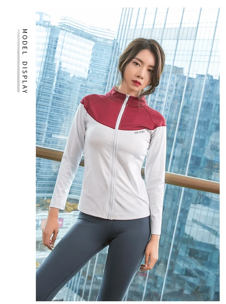 FE573 куртка для бега, Спортивная рубашка для женщин, куртка для йоги, тренировки, светоотражающая полоска на молнии, одежда для фитнеса, спортивная одежда для спортзала, Топ