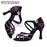 wuxijiao salsa dance sparty dance shoes satin shining rhinestones soft bottom latin dance shoes woman salsa heel 5cm 10cm