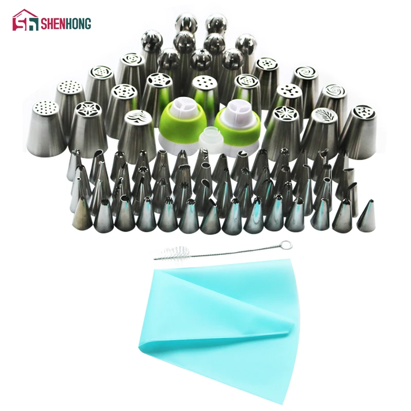 

SHENHONG 87PCS/Set Russian Nozzles Silicone Bag Three-Color Coupler Icing Piping Tips Rose Flower Leaf Cupcake Cake Decorating