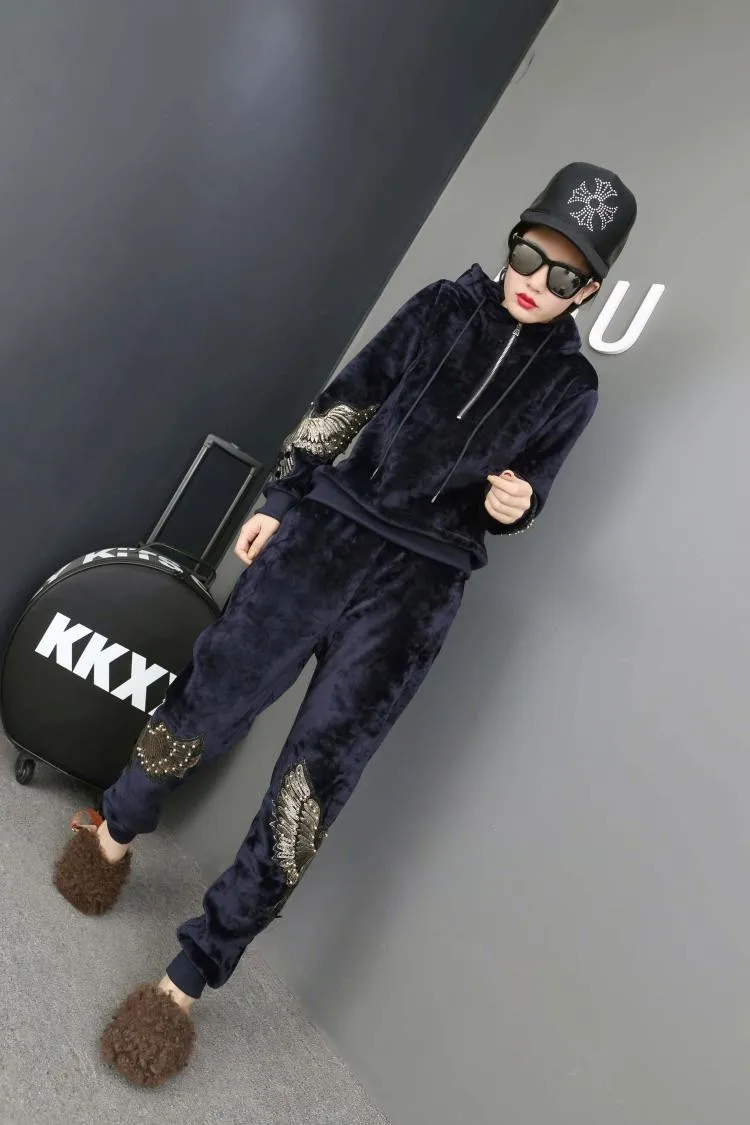 Осенне-зимняя одежда, вельветовый спортивный костюм, костюмы, женский комплект 2 шт., бархатная плотная Блузка+ штаны, повседневный комплект из двух предметов с капюшоном, BH104