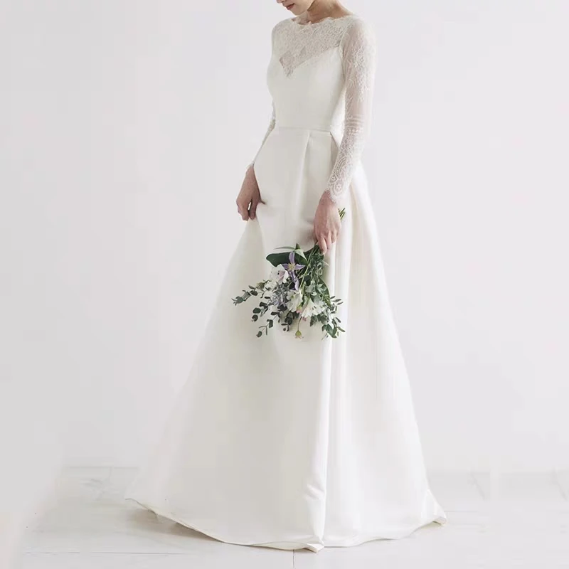 Vestido De Noiva сексуальное кружевное свадебное платье с длинными рукавами и открытой спиной простые трапециевидные длиной до пола мусульманские свадебные платья