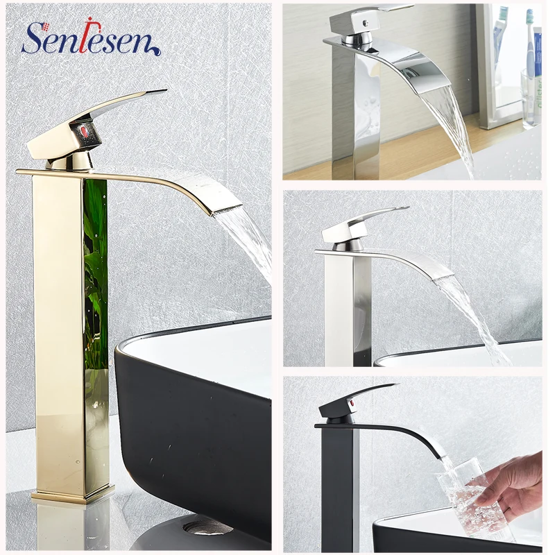 

Senlesen Golden Bathroom Basin Faucet Waterfall Spout for Vanity Vessel Sink Deck Mounted Hot and Cold Water Mixer Tap