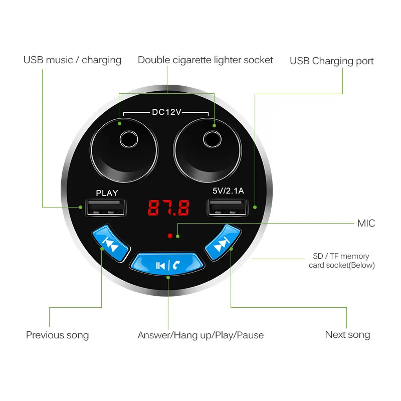 

Onever 3 in 1 Bluetooth FM Transmitter Car Music MP3 Player Hands Free Car Kit Cup Holder Cigarette Lighter 2 USB Power