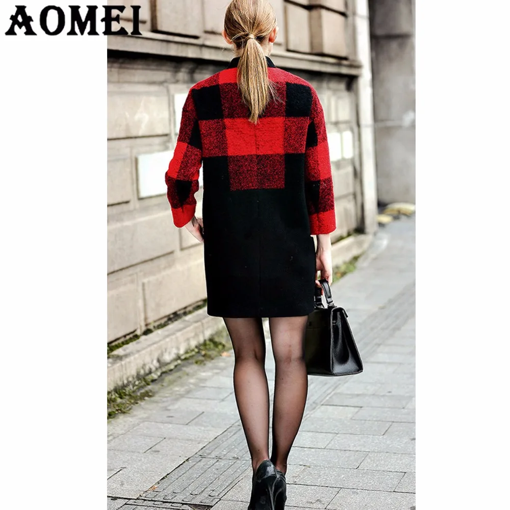 Red and Black Plaid Woolen Coat for Women Winter Spring Fashion Ladies Office Outerwear Overcoat XXXXXL 4XL Peacoat with Button | Женская