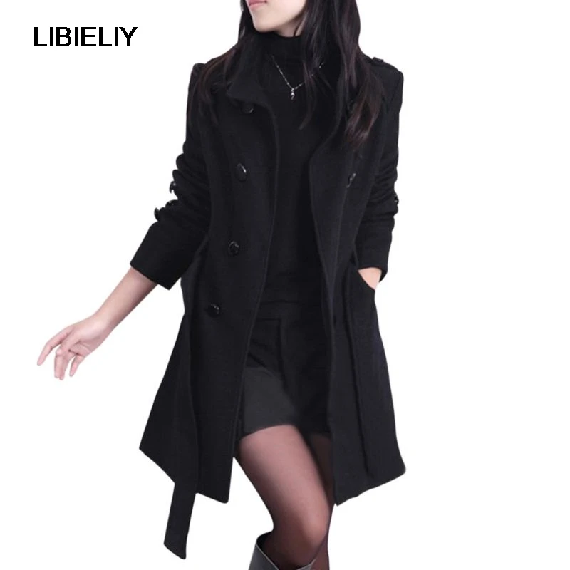 Хорошее корейское Женское зимнее тонкое двубортное пальто Тренч шерстяное