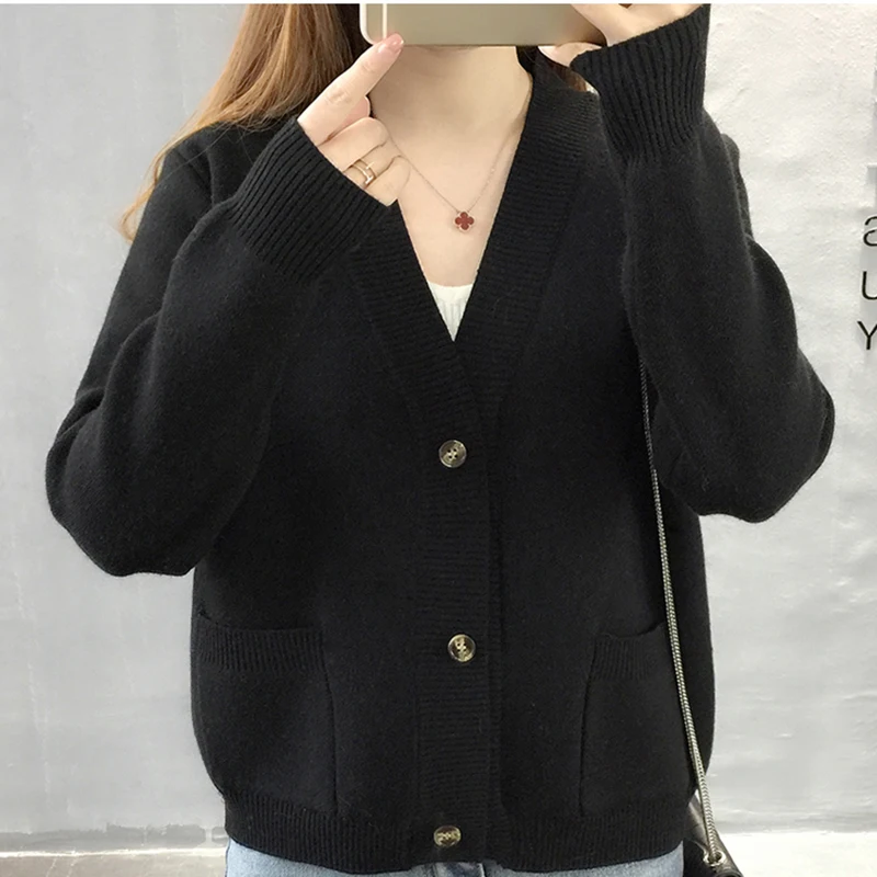 Women Sweater Cardigan 2018 Spring New V-neck Long-Sleeve Knitwear Short Loose Pure Color Single-breasted Coat 117 |